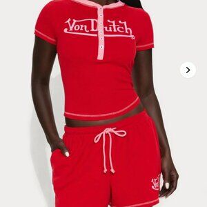 Authentic 2 Piece Von Dutch Waffle Short Sleeve PJ Short Set Size Large Red